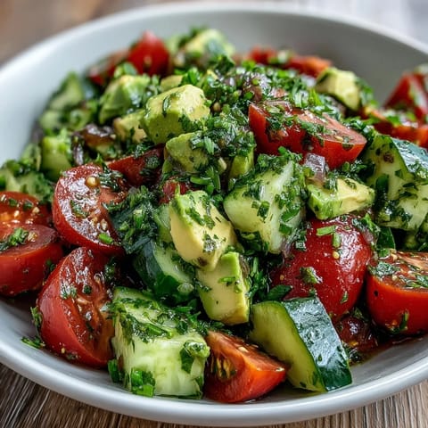 Creamy avocado and juicy tomatoes in a crisp cucumber salad, tossed with zesty lemon dressing.  