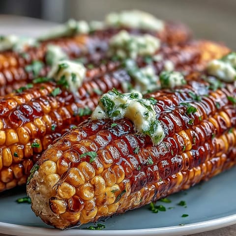 Herb butter BBQ corn in foil, golden and glistening, served with fresh parsley and lime wedges.