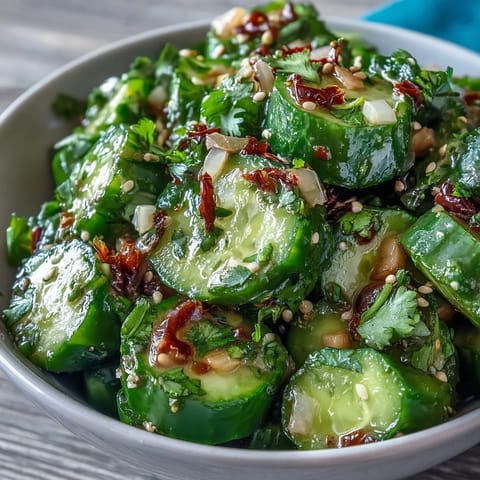 Crispy smashed cucumber salad tossed in garlicky chili oil and tangy rice vinegar dressing.