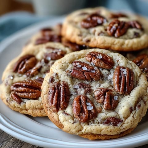 Warm butter pecan cookies with brown butter and sea salt, featuring toasted pecans and a sprinkle of flaky salt.