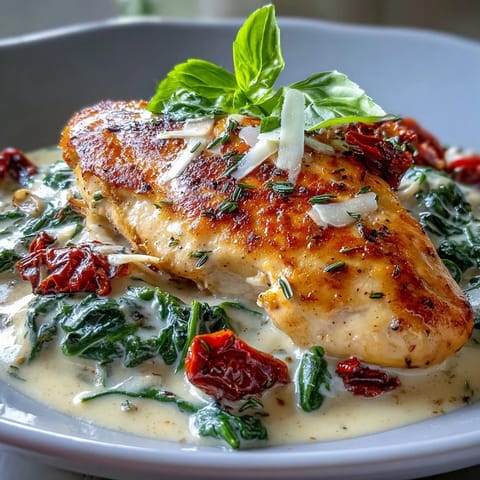 Creamy Tuscan Chicken with Sun-Dried Tomatoes in a rich, herb-infused sauce, served over pasta with fresh basil.  