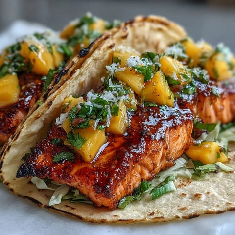 Grilled Salmon Tacos with Mango Salsa featuring flaky fish and zesty fruit salsa in warm tortillas.