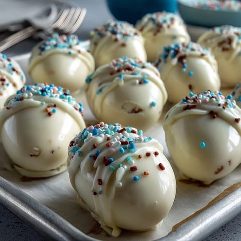 Creamy peanut butter eggs coated in white chocolate and topped with festive sprinkles make a perfect Easter dessert.