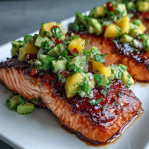 Oven-baked salmon fillets topped with zesty mango avocado salsa, perfect for a healthy dinner.  