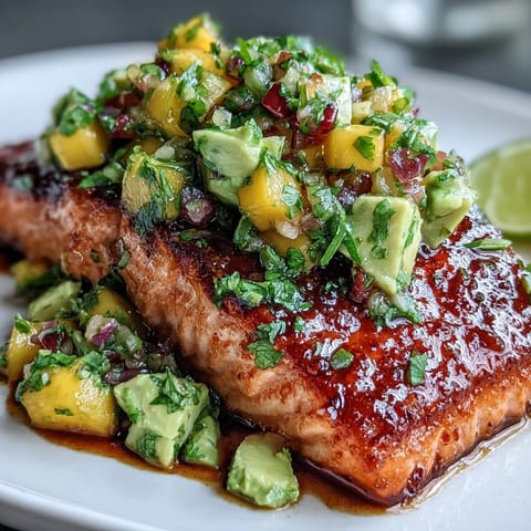 Baked salmon with mango avocado salsa, served on a white plate with colorful fresh fruit topping.  