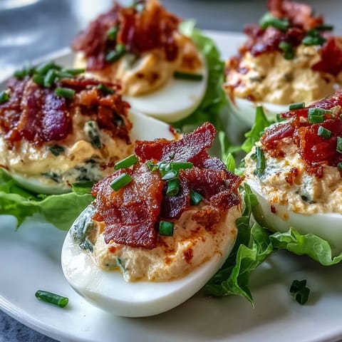 Creamy BLT Deviled Eggs with crispy bacon crumbles and fresh lettuce, a perfect appetizer for any gathering.