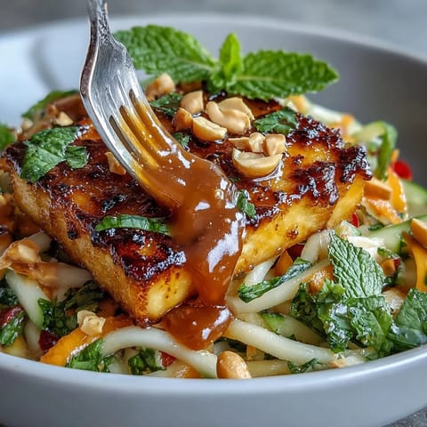 Crispy golden tofu crowns this refreshing Thai Mango Salad, drizzled with sauce.