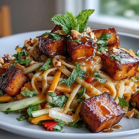 Vibrant Thai Mango Salad with Crispy Tofu, bright mango, and peanut dressing.
