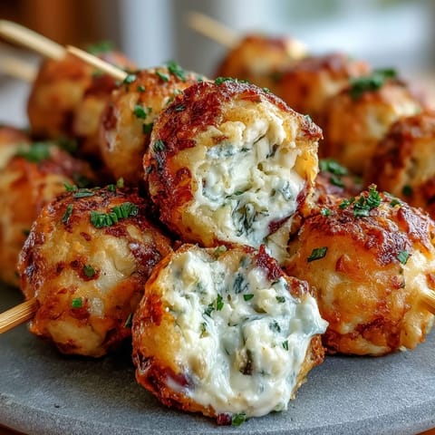 Savory stuffed olive cheese balls baked golden, presented on skewers for easy serving.