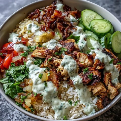 Flavorful Middle Eastern Shawarma Bowl with creamy tahini sauce and fresh veggies.