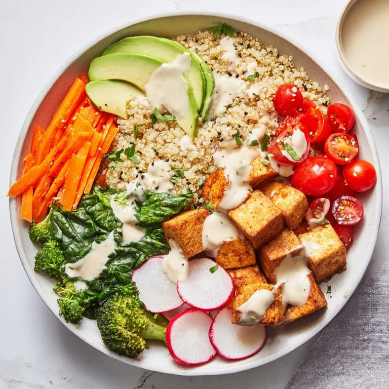 This delicious Buddha bowl features tender tofu, fresh spinach, and a creamy tahini dressing over grains.