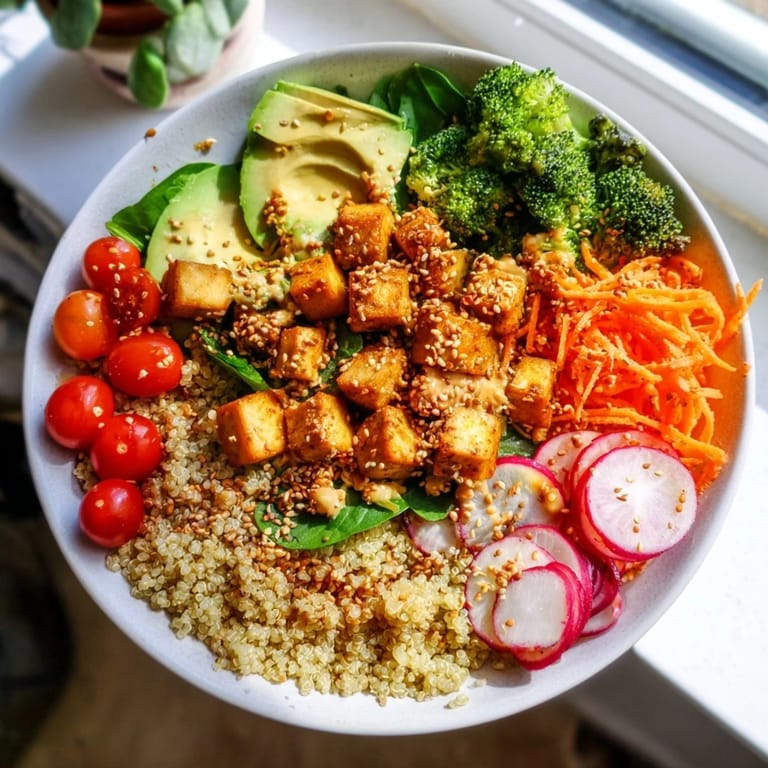 The Buddha bowl is beautifully arranged; a complete, healthy meal with a drizzle of tasty sauce.