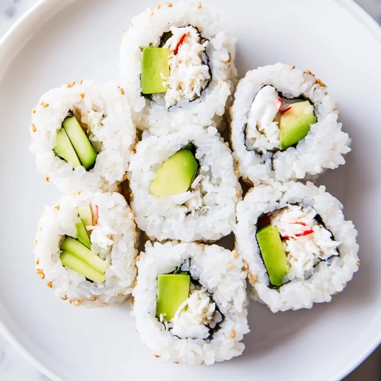 Close-up of a beautifully assembled California roll, showcasing the creamy filling and seaweed wrap.