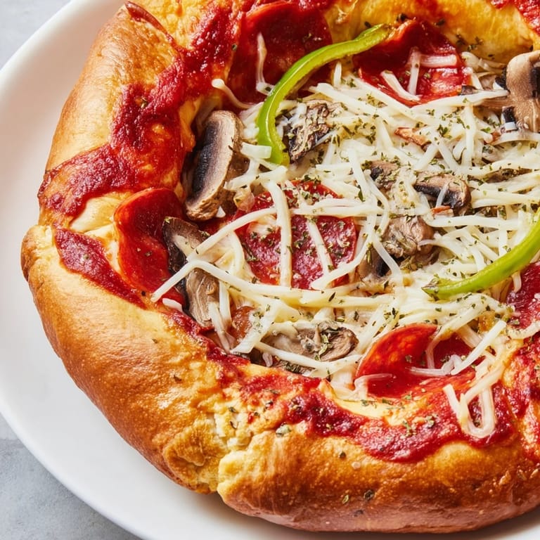Delicious homemade stuffed crust pizza featuring a crisp, golden crust and a melty, cheesy center with toppings.