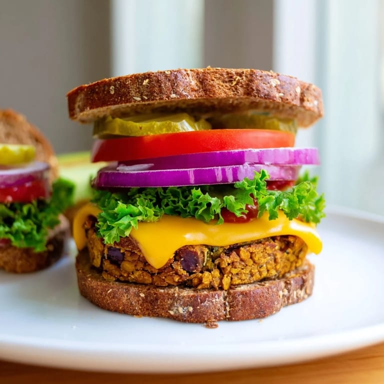 Golden-brown veggie burger patties stacked high with fresh toppings, ready to enjoy.
