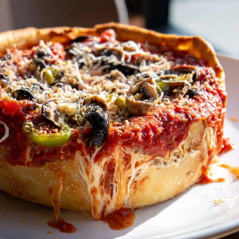 Freshly baked deep dish pizza, offering a delicious combination of flavors and textures.