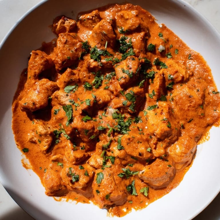 Classic Indian-American Chicken Tikka Masala; a close-up shows the rich sauce over the chicken pieces.