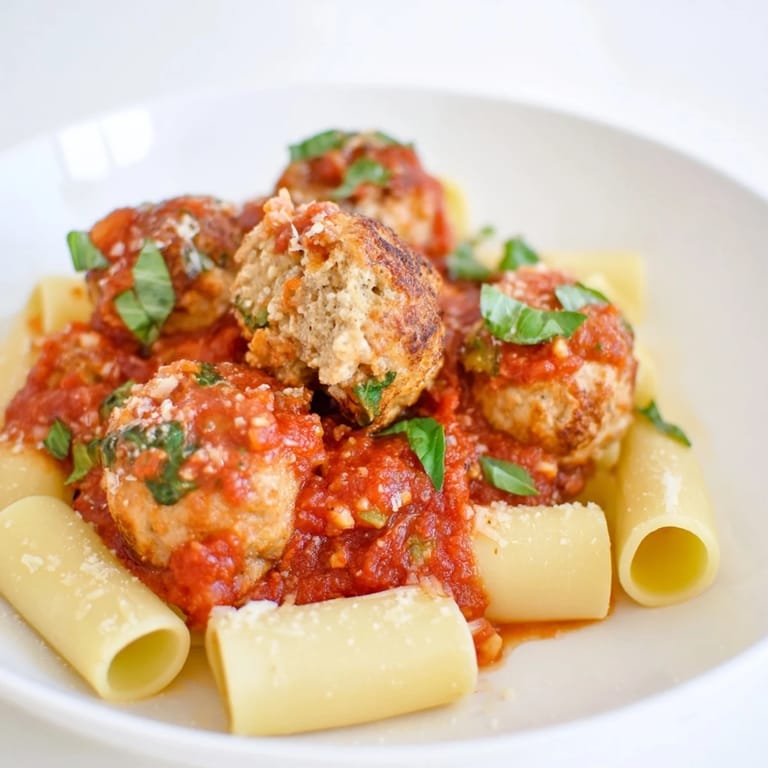A plate of flavorful turkey meatballs, with herbs and Parmesan, paired beautifully with spaghetti.