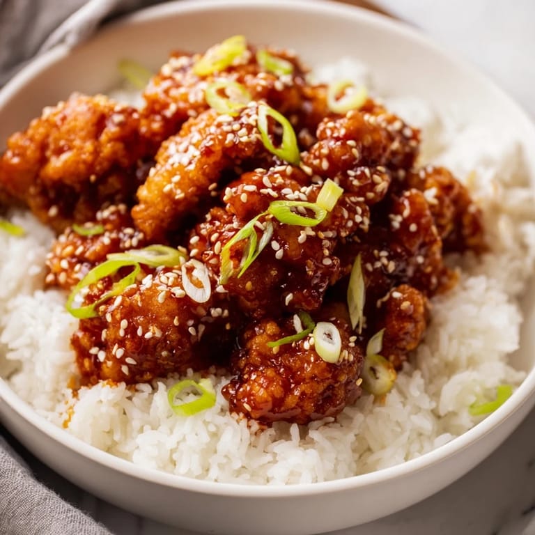 Deliciously golden fried chicken coated with General Tso's vibrant sauce, perfect for a flavorful dinner.