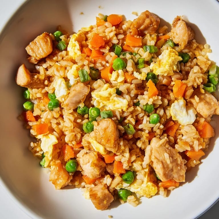 A steaming bowl of delicious chicken fried rice, garnished with fresh green onions.