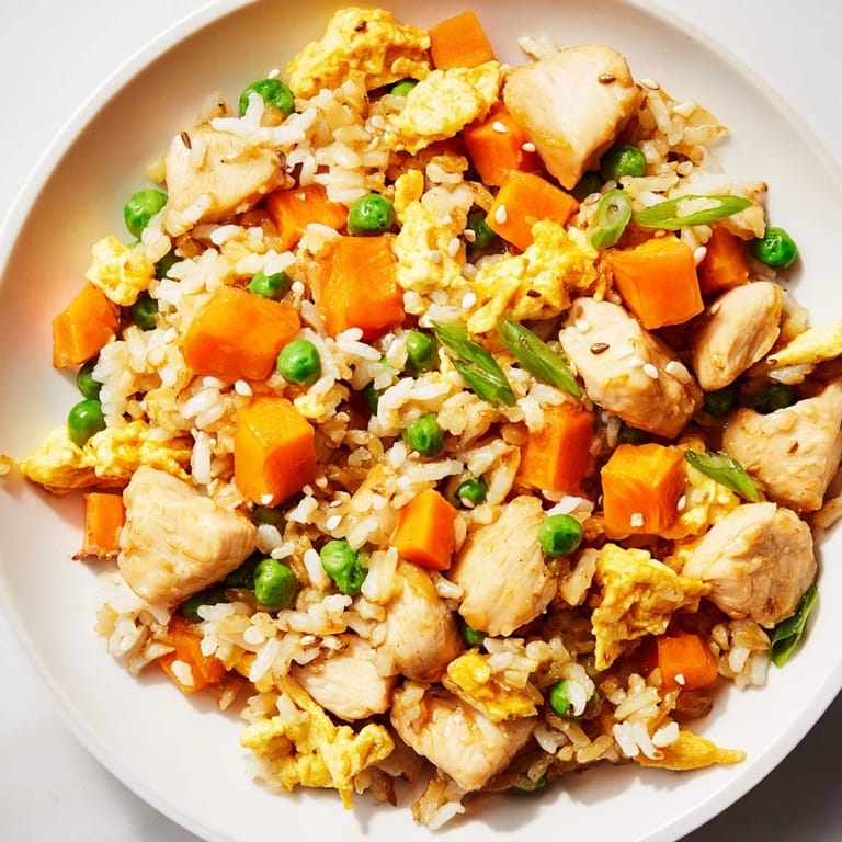 Close-up photo of the savory chicken fried rice, a quick and fulfilling dinner option.