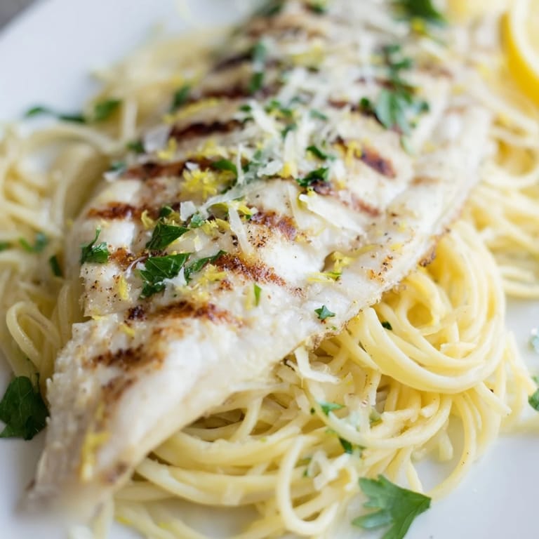 Vibrant Lemon Bass Pasta is plated with lemon wedges, fresh herbs, and a glass of white wine nearby.