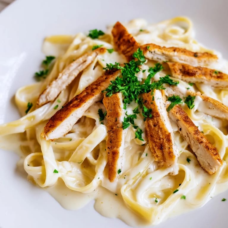 Golden, spicy Cajun chicken slices resting on silky Alfredo fettuccine, garnished with red pepper flakes and herbs.