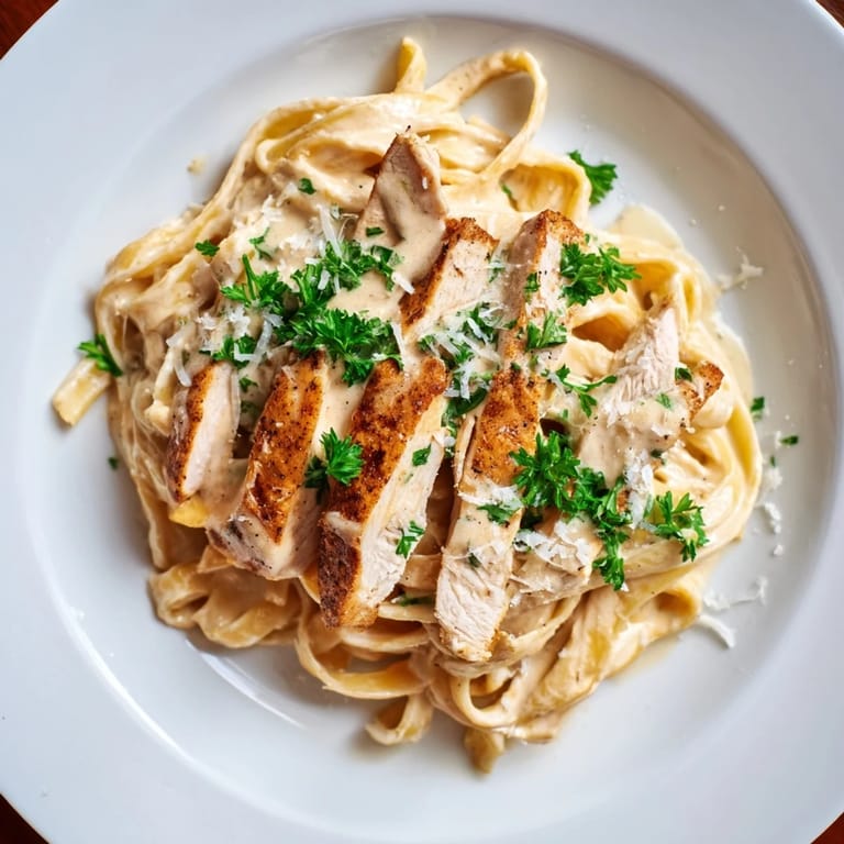Sizzling skillet of Cajun Chicken Alfredo with melted Parmesan sauce and fresh parsley, ready to serve.