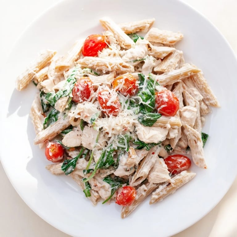 Comforting Greek Yogurt Chicken Pasta plated with colorful veggies and a protein-rich sauce, perfect for a healthy weeknight dinner.