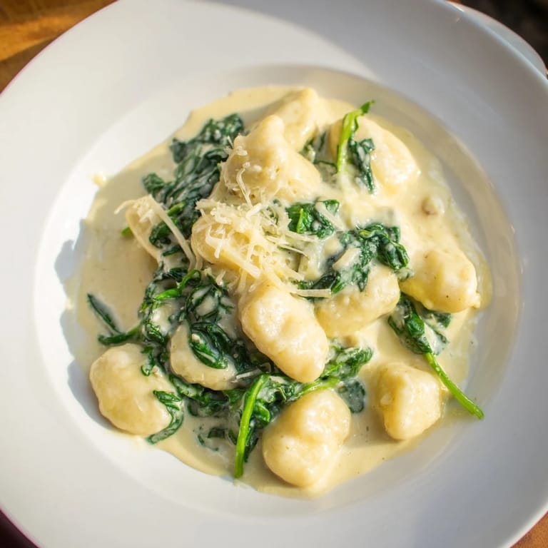 Creamy Garlic Gnocchi tossed with vibrant spinach leaves in a skillet, ready to serve as a comforting Italian-inspired main dish.