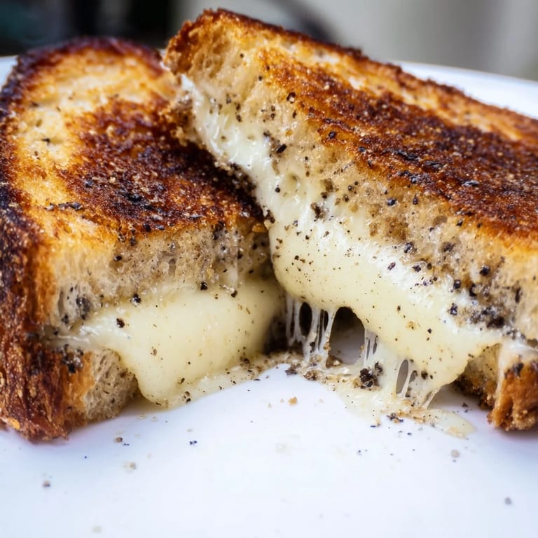 A decadent Truffle Grilled Cheese sandwich cut diagonally to reveal the gooey, melted Gruyère center and glistening truffle oil on sourdough bread.
