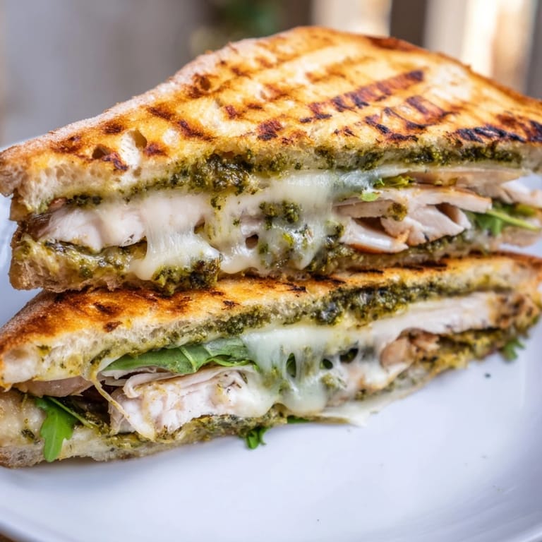 Sliced halves of a Chicken Pesto Panini revealing layers of melted cheese, tender chicken, and crisp spinach on ciabatta.