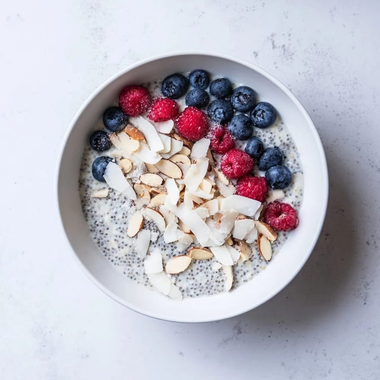 Vibrant Poppy Seed Chia Pudding served in a bowl with sliced strawberries and a drizzle of honey.