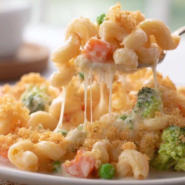 Hearty serving of Garden Veg Mac and Cheese with melted mozzarella, bright vegetables, and crispy panko topping on a rustic plate.
