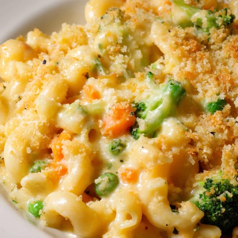 Freshly baked Garden Veg Mac and Cheese casserole showcasing colorful broccoli florets, diced carrots, and peas in a rich, cheesy sauce.