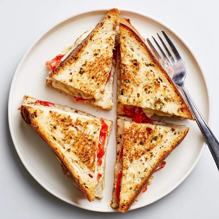Close-up of a Pepper Jack & Tomato Grilled Cheese, revealing gooey pepper jack and fresh tomato layers inside.