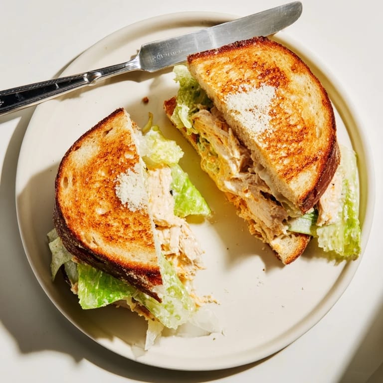 Melted cheese and crispy bread in a Buffalo Chicken Caesar Grilled Cheese, served with extra buffalo drizzle.