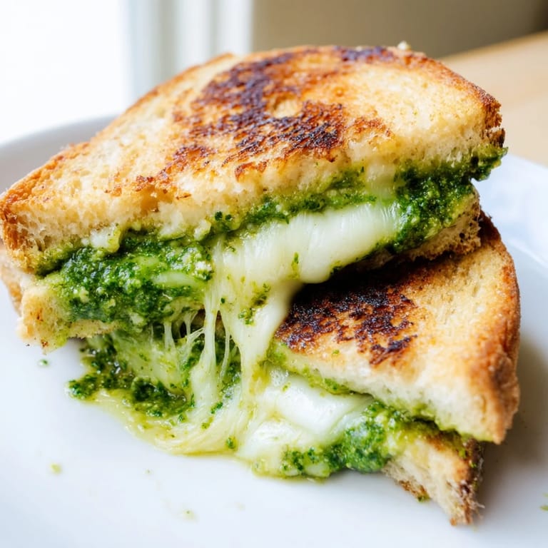 Freshly grilled Spring Pea Pesto Grilled Cheese with melty mozzarella, served warm with arugula on a rustic table.
