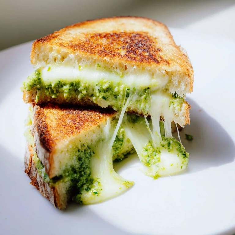 Close-up of Spring Pea Pesto Grilled Cheese, crispy crust revealing vibrant pea pesto and melted mozzarella inside.