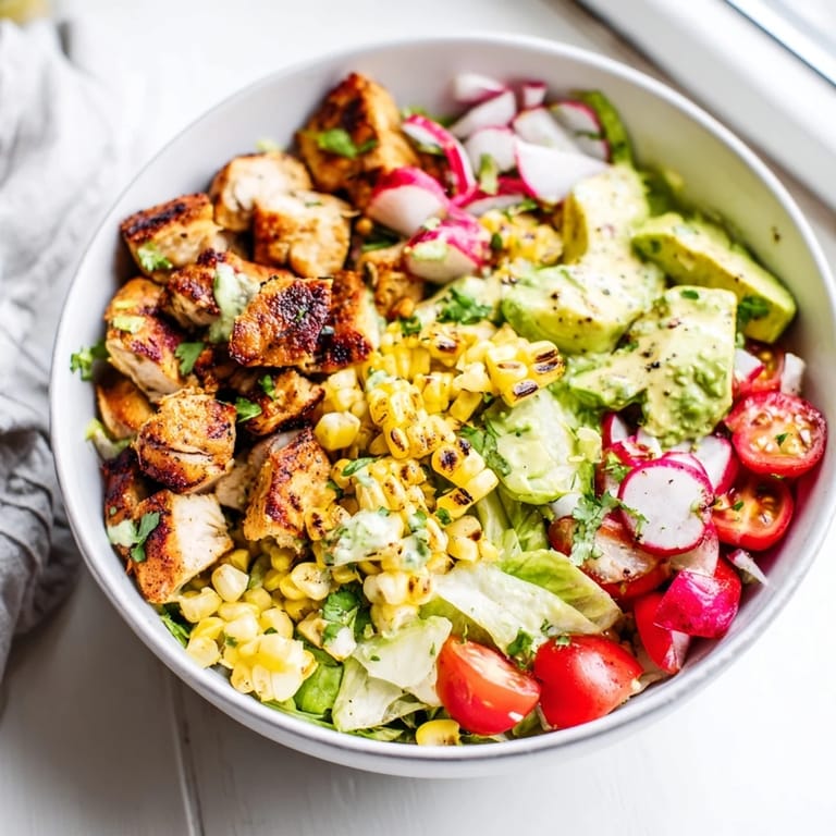 Vibrant Roasted Corn & Chicken Chopped Salad served chilled with juicy cherry tomatoes, sliced radishes, and cilantro garnish, perfect for a refreshing summer lunch.
