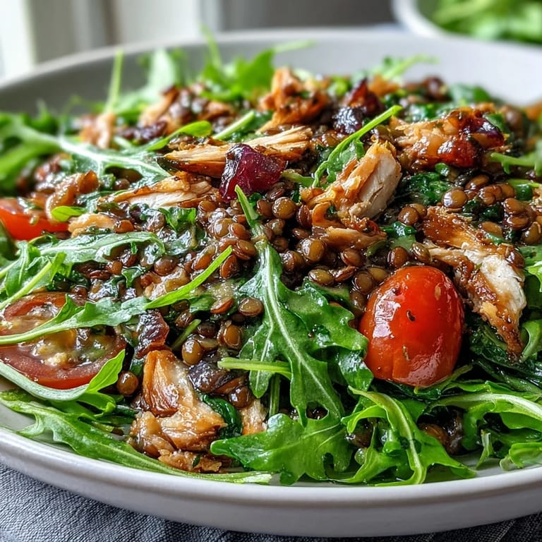 Hearty Lentil & Chicken Spring Salad served in a white bowl, featuring pickled red onions, cherry tomatoes, and cucumber slices, perfect for a light and satisfying lunch.