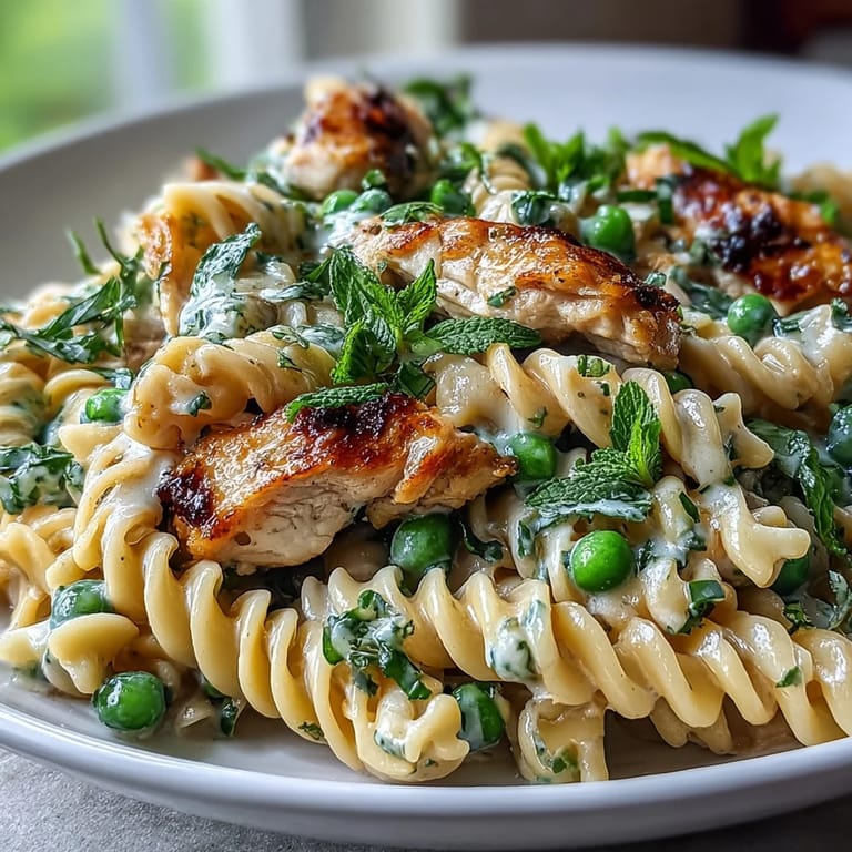 A close-up showcasing tender chicken, bright peas, and fresh mint in this pasta dish.