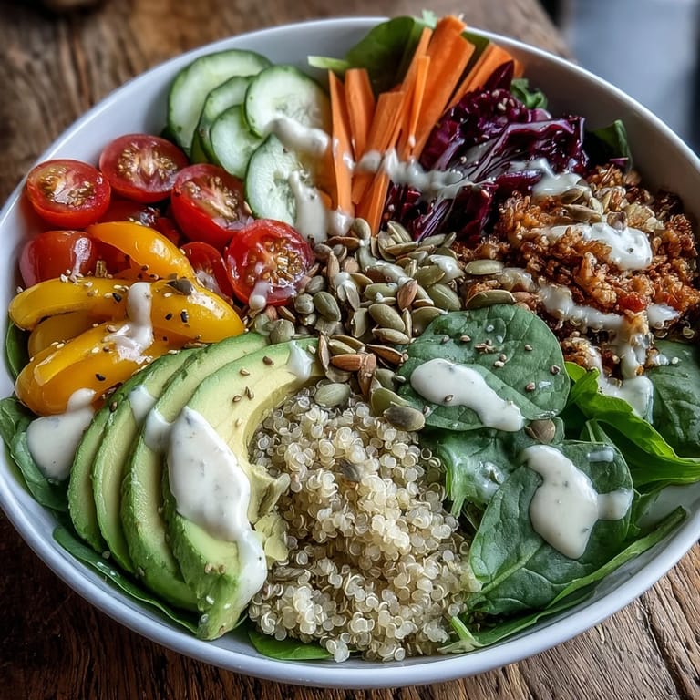 This wholesome vegetarian bowl features colorful raw vegetables like carrots and red cabbage arranged over fluffy quinoa.
