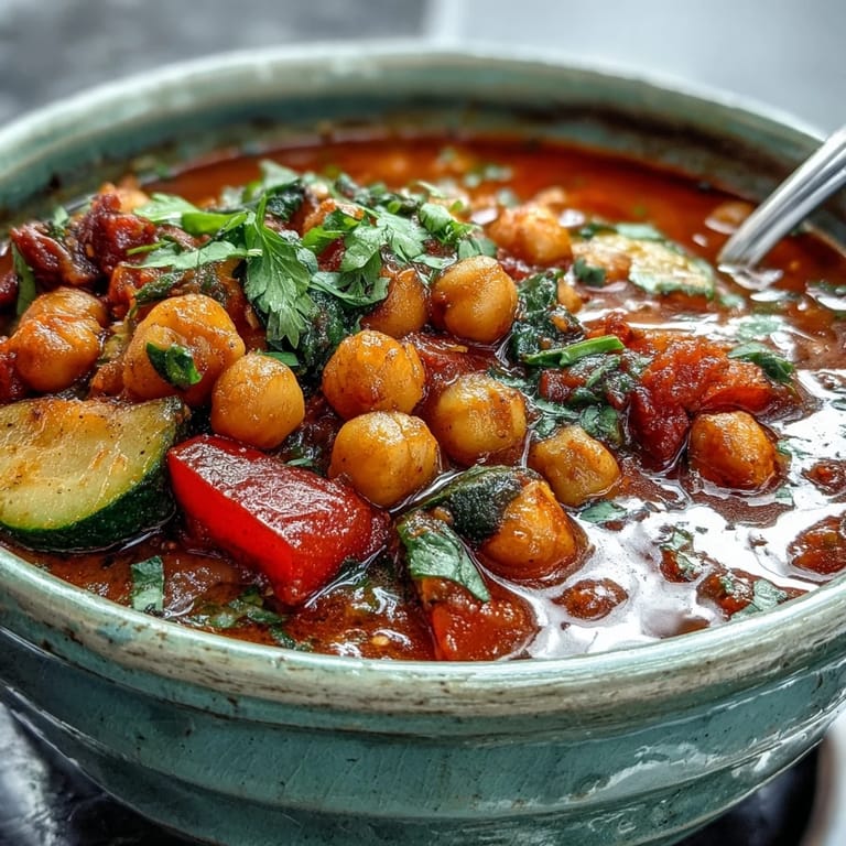 Healthy vegan Spicy Chickpea Stew is garnished with cilantro and served alongside warm crusty bread.