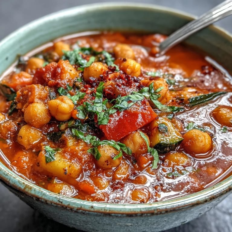Golden-brown chickpeas and fresh spinach swim in a rich, tomato-based broth for Spicy Chickpea Stew.
