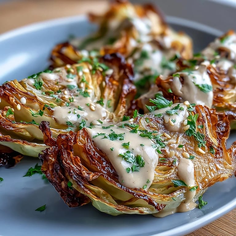 Roasted cabbage wedges with tahini sauce served on a platter, garnished with fresh herbs and sesame seeds.