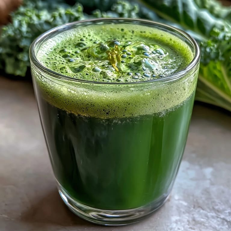 Freshly blended Cabbage and Kale Detox Juice in a mason jar, garnished with a lemon wheel and ginger slice beside chopped green apple and celery.