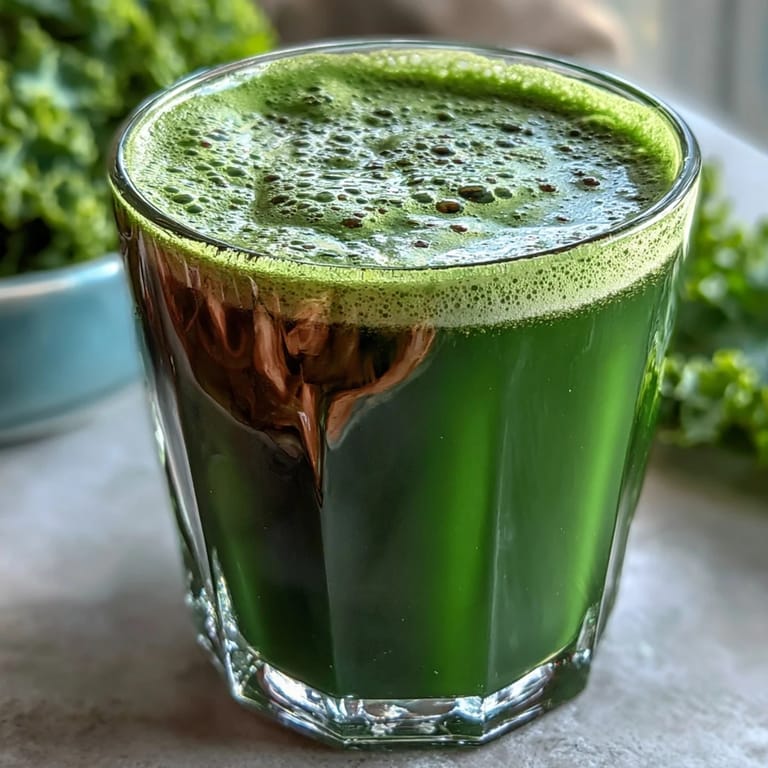 Clear pitcher of bright green Cabbage and Kale Detox Juice with visible pulp, ready to serve, with whole kale leaves and a lemon on the side.