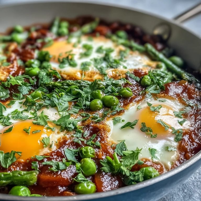 Spoonful of spring-inspired pea and broad bean shakshuka topped with feta and herbs, served with lemon wedges.