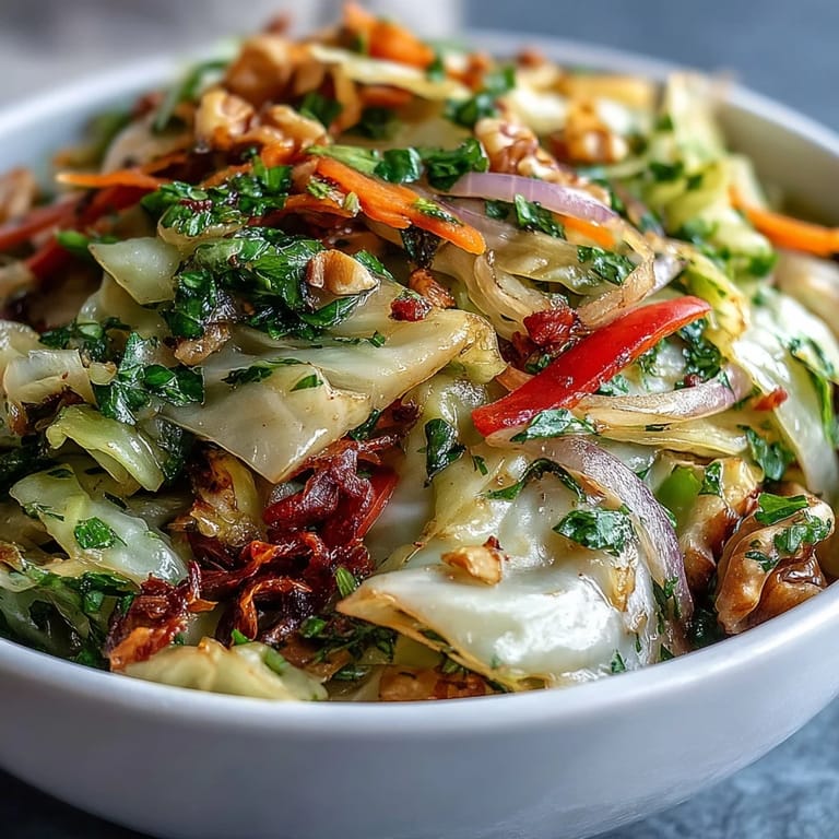 Hearty Cooked and Loved Cabbage Salad tossed with tangy apple cider vinaigrette and fresh parsley on a rustic table.